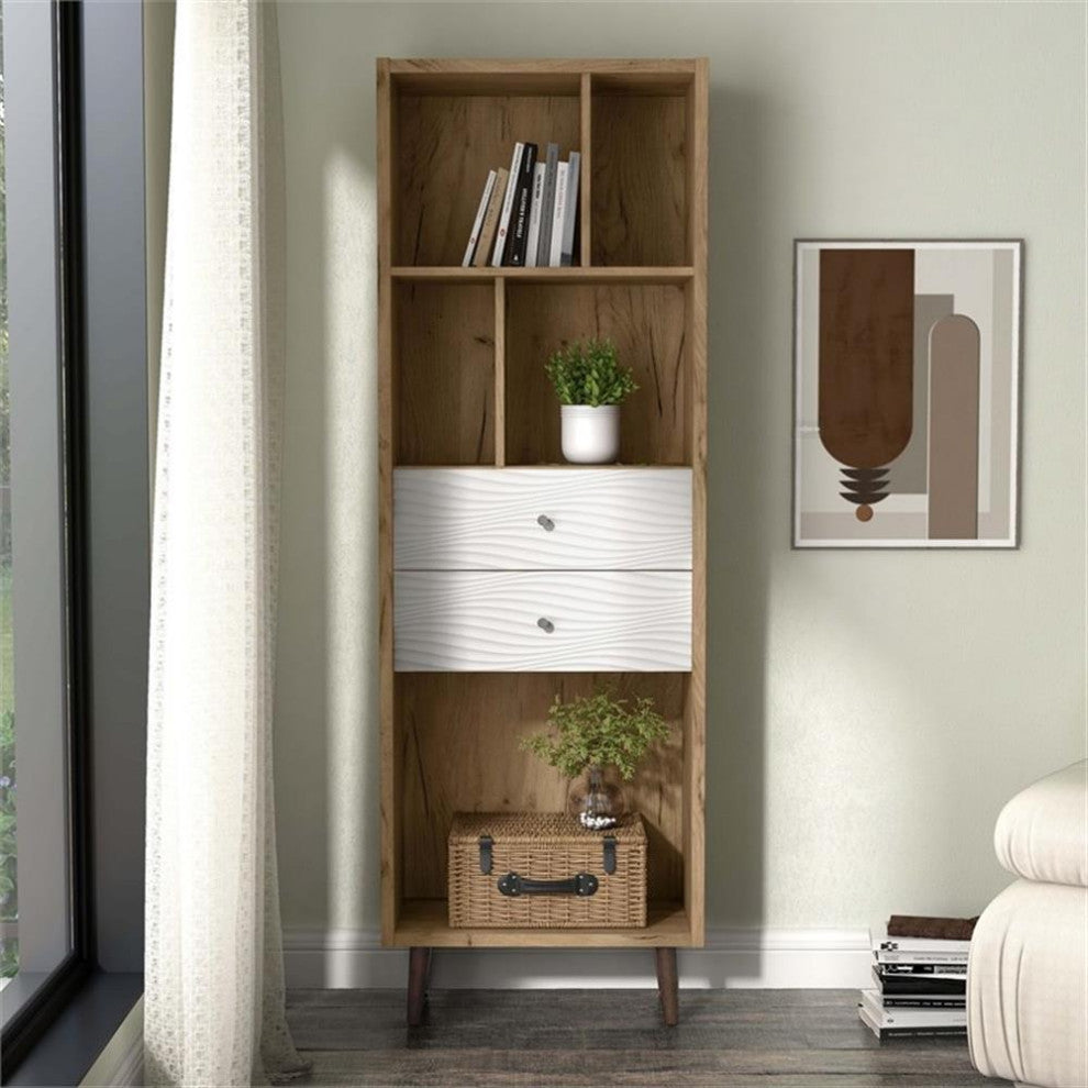 Furniture of America Finn Mid-Century Modern Wood 2-Drawer Bookcase in Light Oak