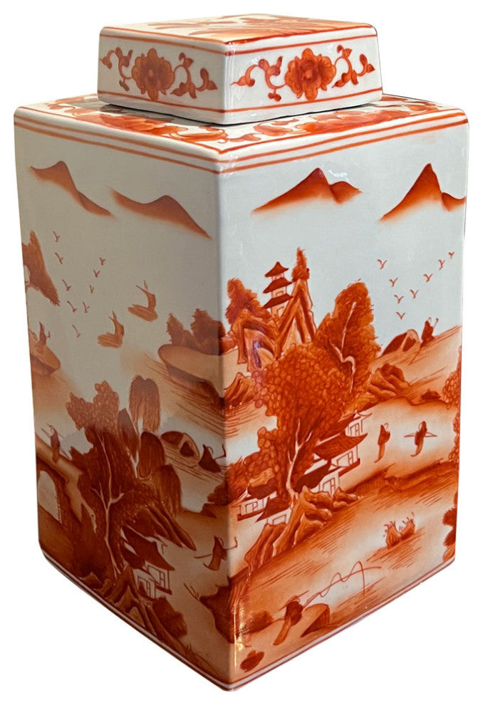 Red Orange Porcelain Scenery Chinese Tea Jar