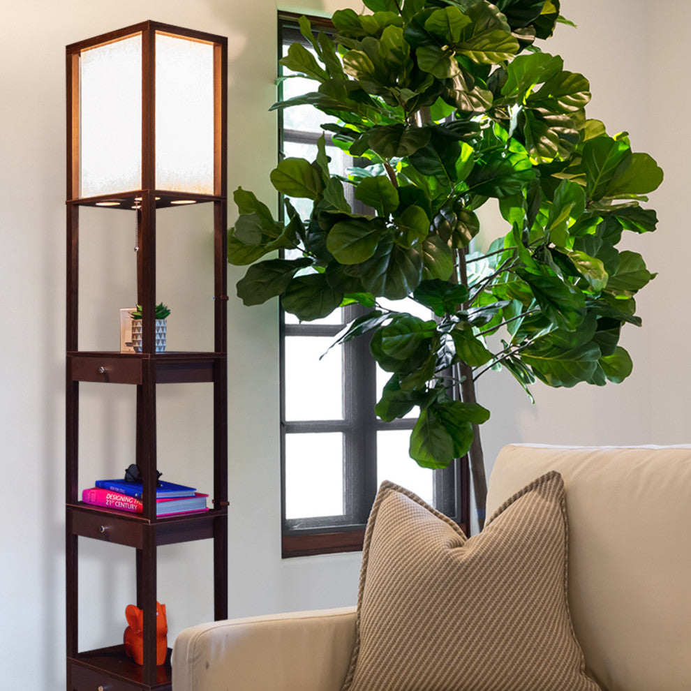 Brightech Maxwell Drawer Edition - Shelf & LED Floor Lamp Combination, Havana Brown