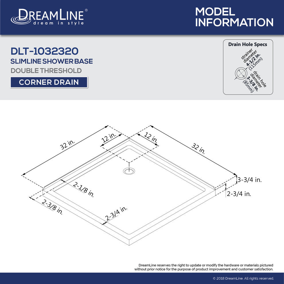 DreamLine SlimLine 32"x32" Double Threshold Shower Base