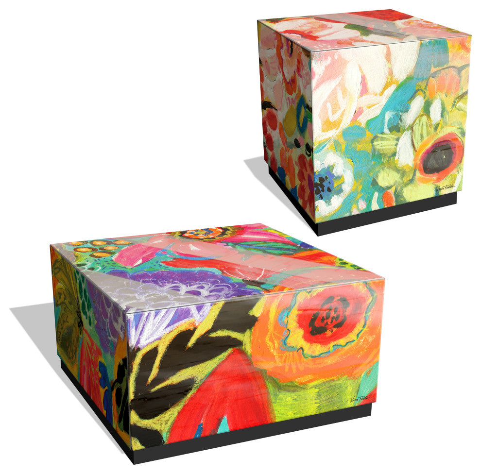 "Secret Garden II & III" Reverse Printed Beveled Art Glass Table, Set of 2