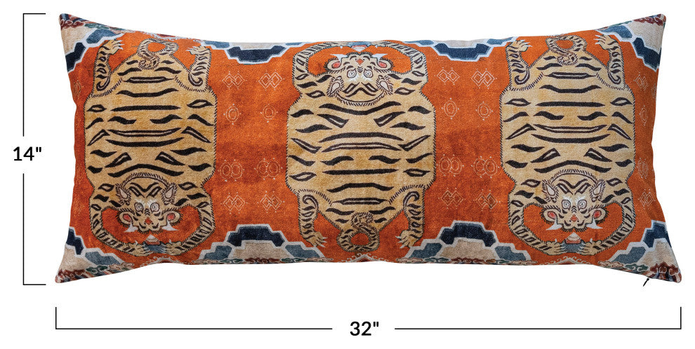 Cotton Velvet Tigers Pattern Lumbar Pillow, Multicolor