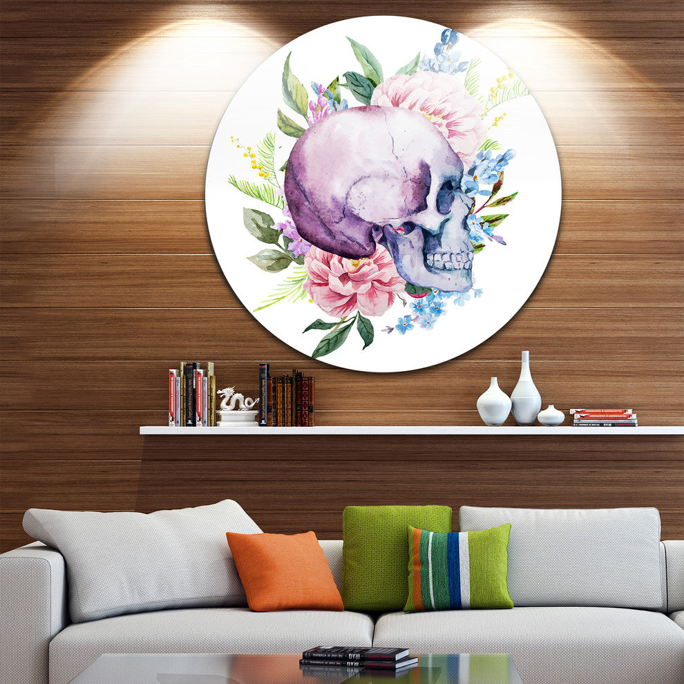 Skull With Flower Borders, Digital Floral Large Disc Metal Artwork, 23"