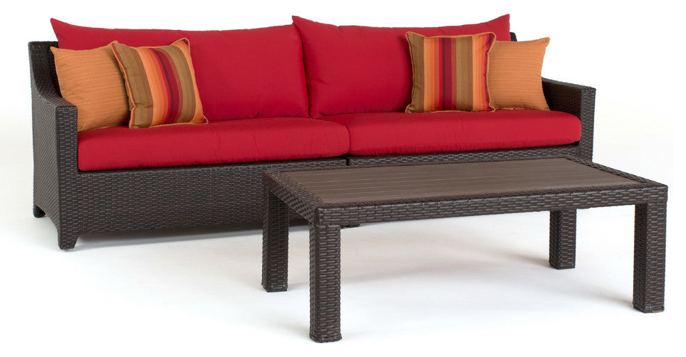 Deco 2 Piece Sunbrella Outdoor Patio Sofa and Deluxe Outdoor Coffee Table Set, Sunset Red