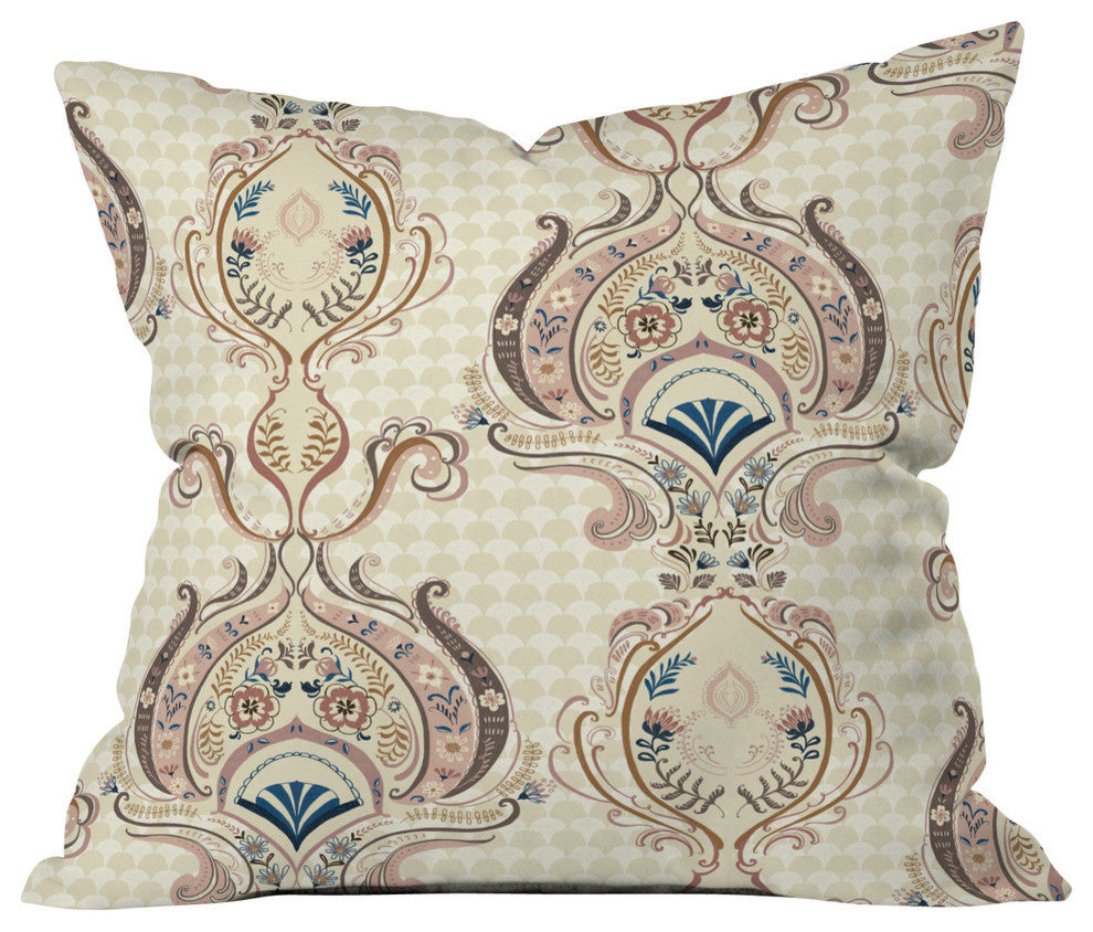Pimlada Phuapradit Pink And Off White Floral Damasks Outdoor Throw Pillow