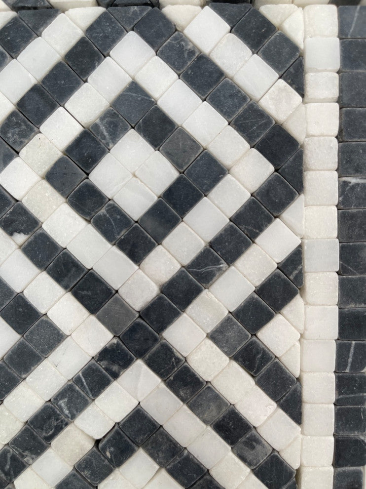 Guitam Black White 7.1x11.7 Marble Mosaic Border Listello Tile Tumbled, 1 piece