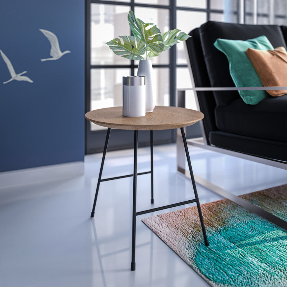 LeisureMod Rossmore Modern Round Side Table With Black Steel Frame, Natural Wood