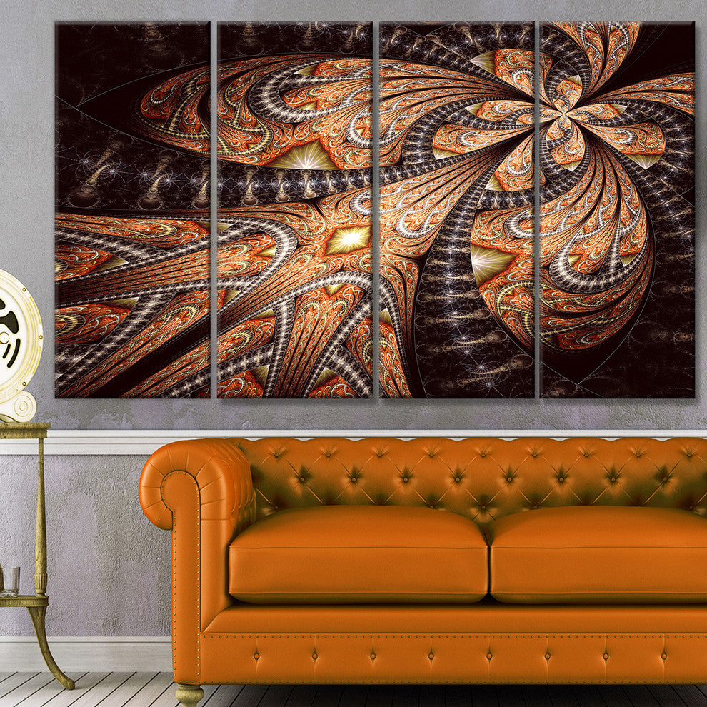 Brown Symmetrical Fractal Flower, Abstract Canvas Art Print, 48"x28", 4 Panels