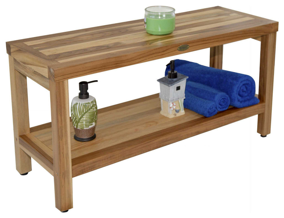 HomeRoots Large Rectangular Teak Bench With Shelf, Natural Finish
