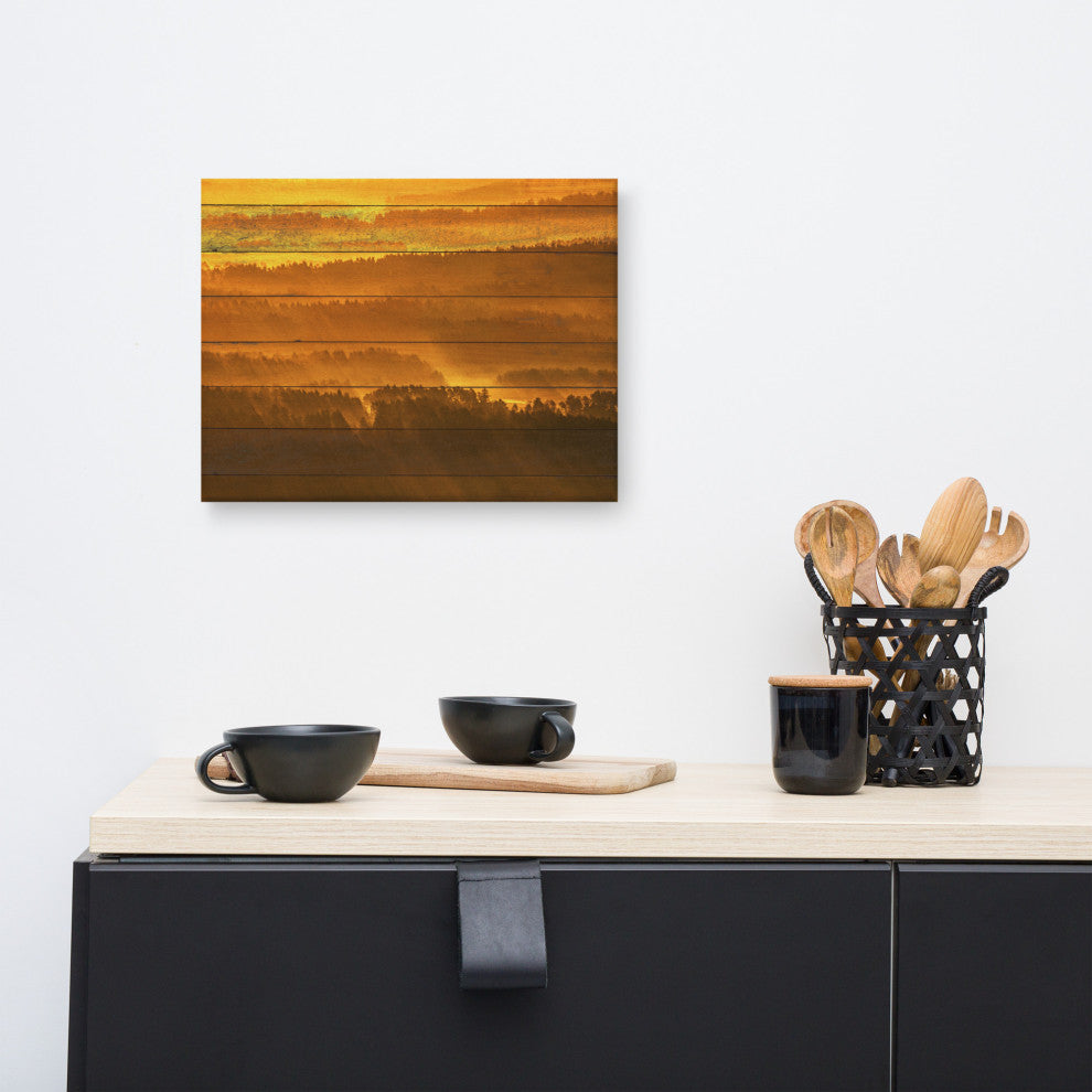 Faux Wood Golden Mist Valley - Hills & Mountain Range Canvas Prints, 12" X 16"