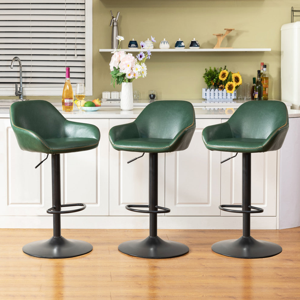 Set of 3 Adjustable Swivel Bar Stool, Hunter Green