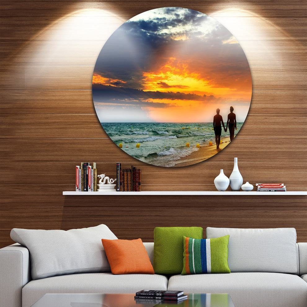 Lovers At Beach, Seashore Photography Round Wall Art, 11"