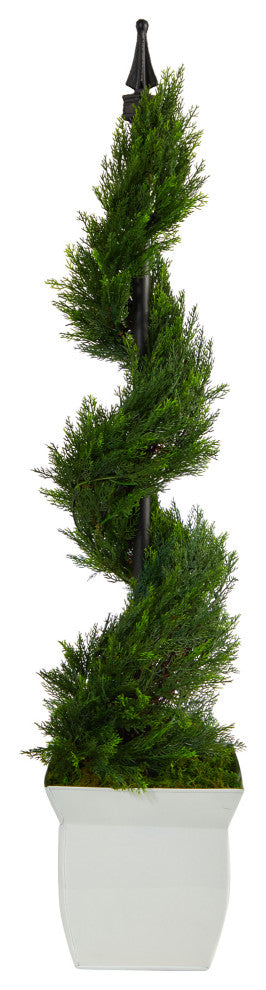 4' Cypress Spiral Topiary Artificial Tree, White Metal Planter
