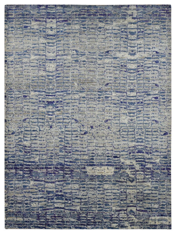 Indigo Color, Diminishing Bricks, Sari Silk, Hand Knotted, Rug, 10'2"x13'10"