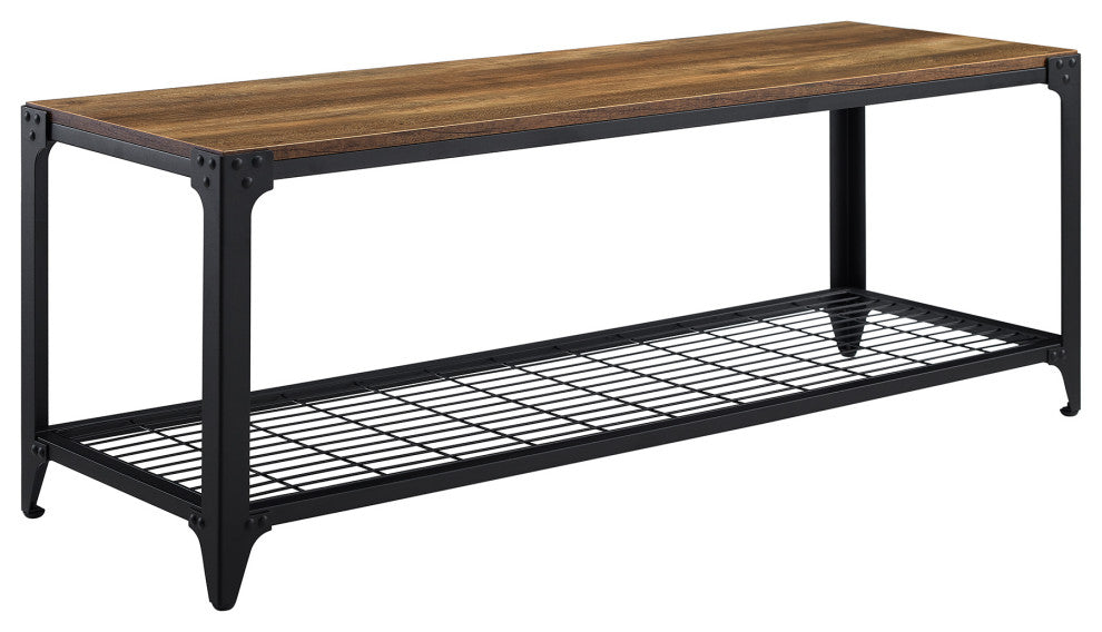 48" Industrial Angle Iron Entry Bench with Shelf - Rustic Oak - Thumbnail 4