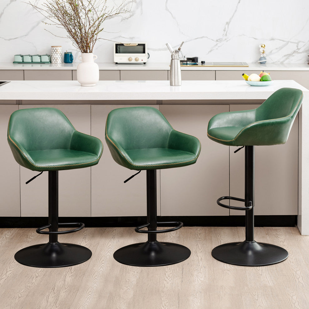 Set of 3 Adjustable Swivel Bar Stool, Hunter Green