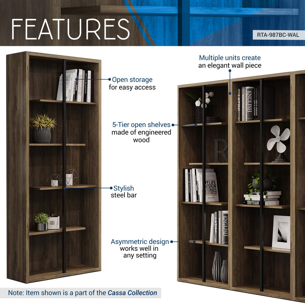 Techni Mobili Standard 5-Tier Wooden Bookcase, Walnut