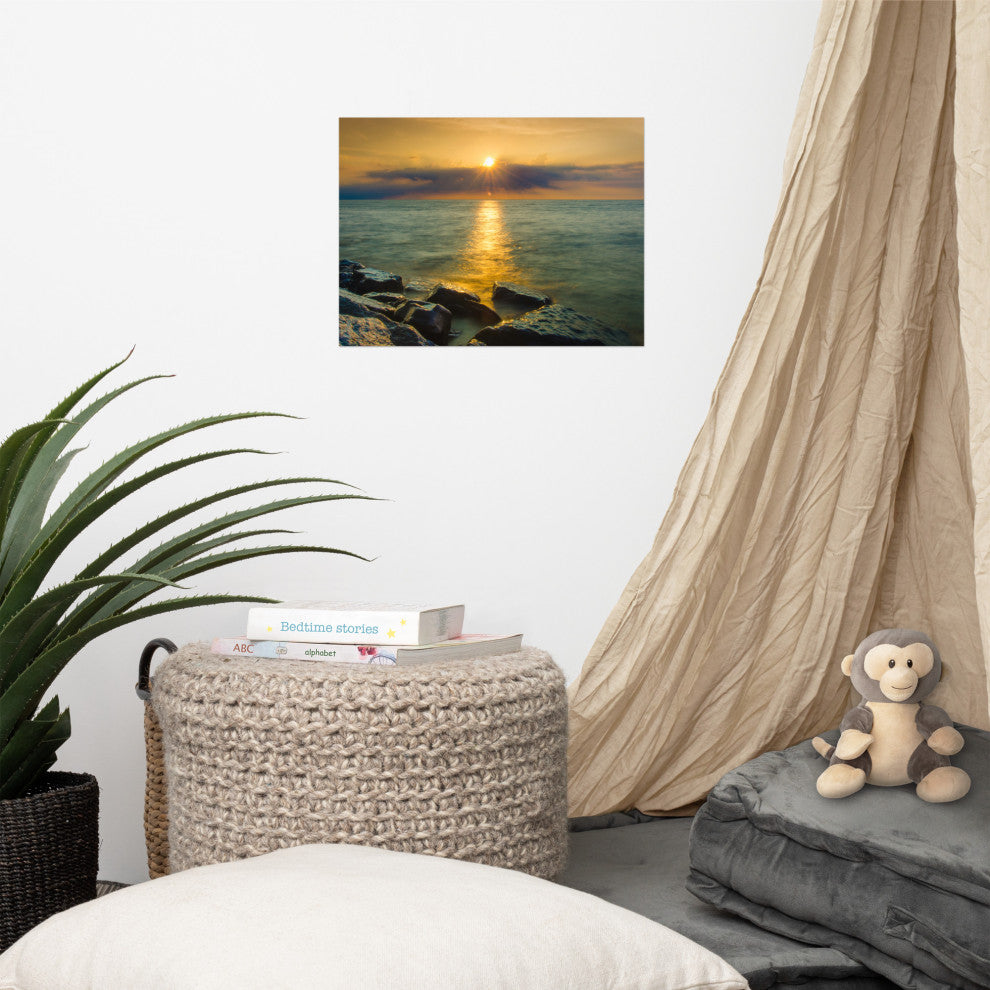 Sunset On Ocean, Sea, Beach Landscape Photo Unframed Wall Art Print, 12" X 16"