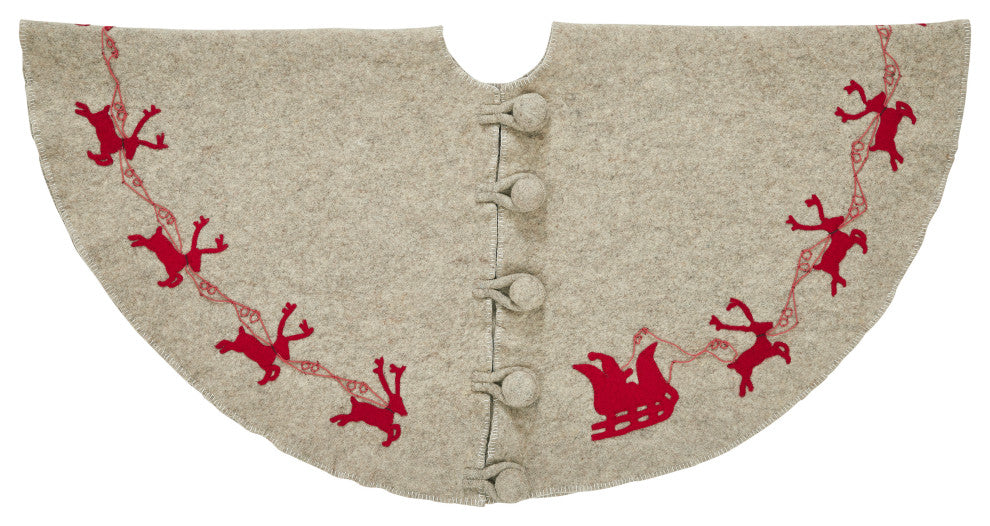 Reindeer Christmas Tree Skirt, Gray With Red Reindeer and Cream Whip Stitch, 72"
