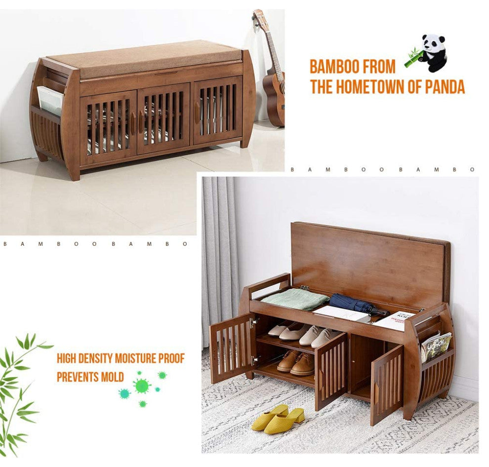 Elecwish Bamboo Shoe Bench Rack with Cushion, Side  Drawer