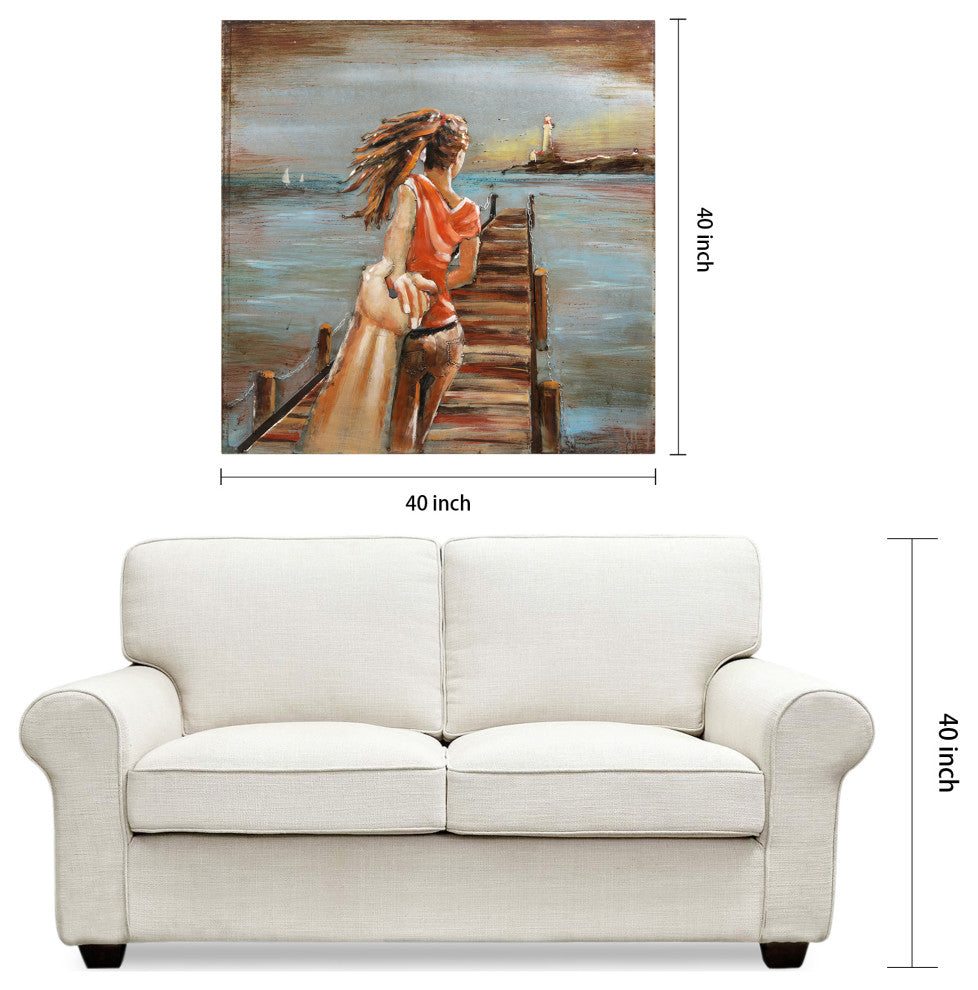 "Lighthouse" Mixed Media Iron Hand Painted Dimensional Wall Art 40"x40"