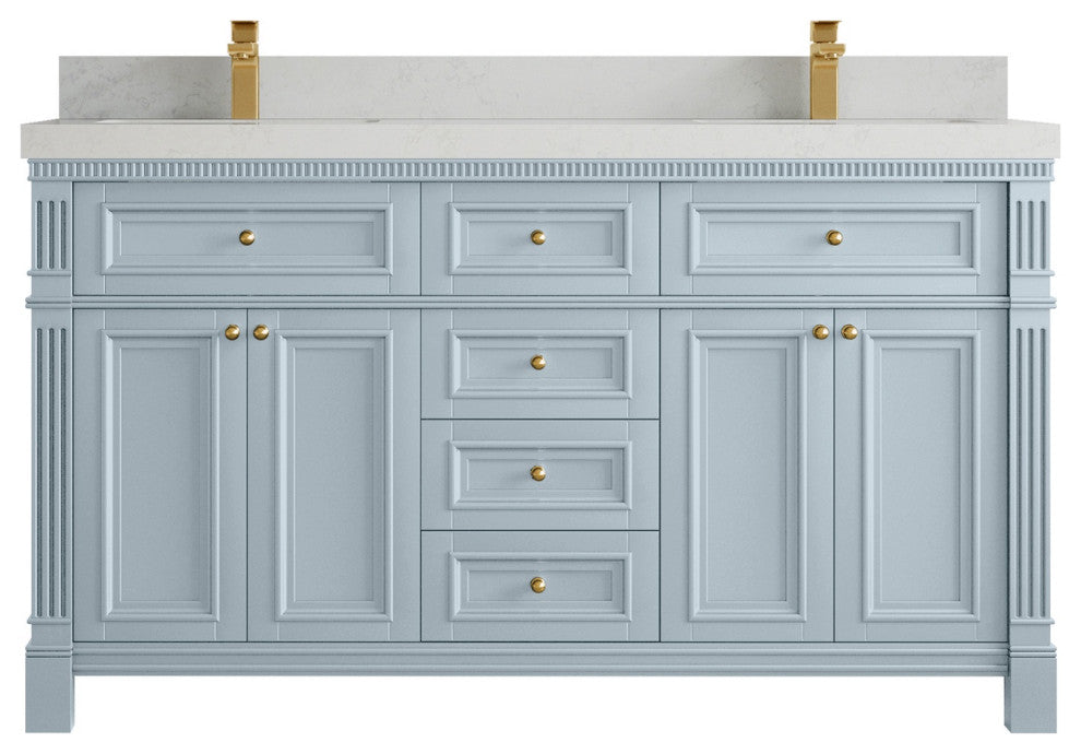 Paris 60" Double Sink Bathroom Vanity, Blue Heather 2" Carrara Quartz