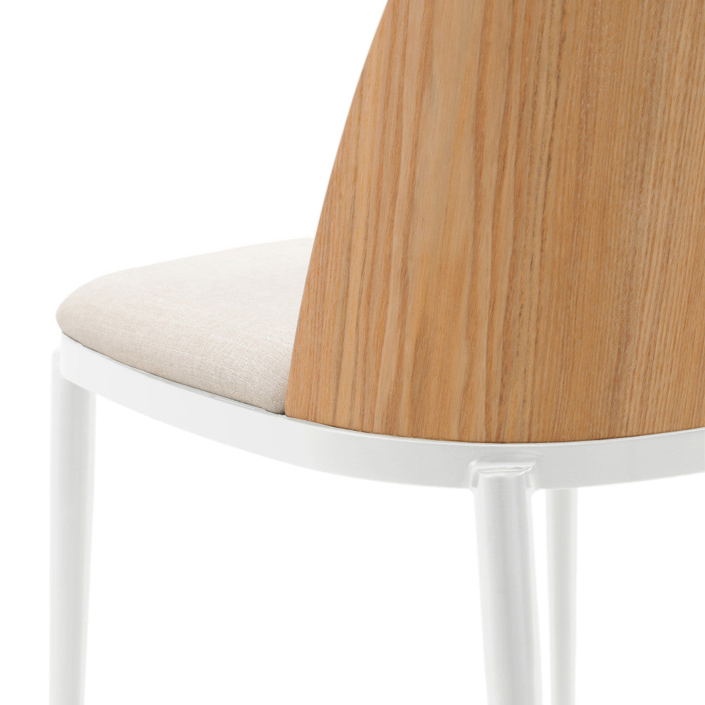 LeisureMod Tule Dining Chair With Upholstered Seat and White Steel Frame, Natural Wood/Beige