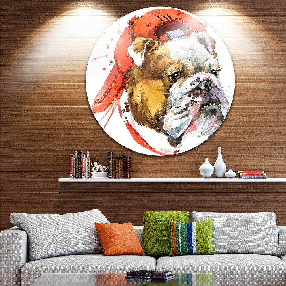 Bulldog Illustration Art, Animal Round Metal Wall Art, 11"