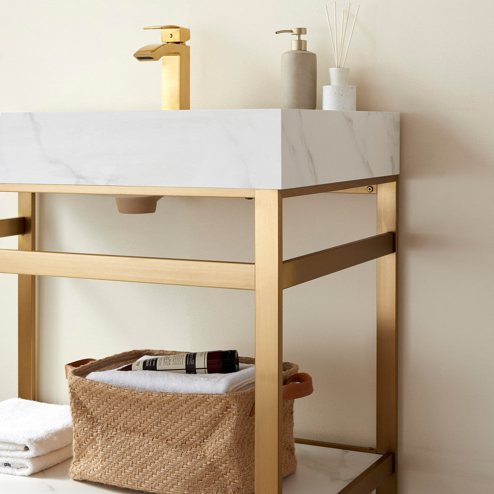 Funes Bath Vanity with Mirror, Brushed Gold Support, 36'', White Stone Top