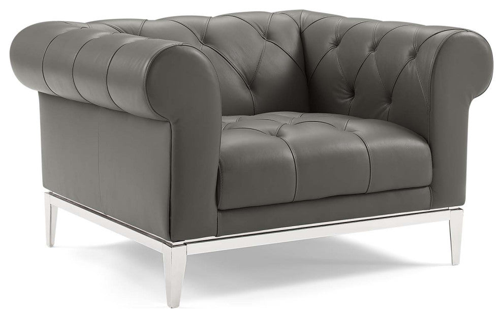 Idyll Tufted Button Upholstered Leather Chesterfield Armchair Gray