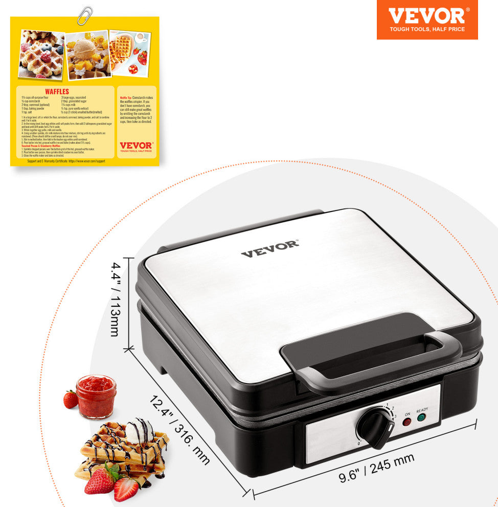 VEVOR 4 Slices Square Waffle Maker 1200W Electric Non-Stick Waffle Iron 120V
