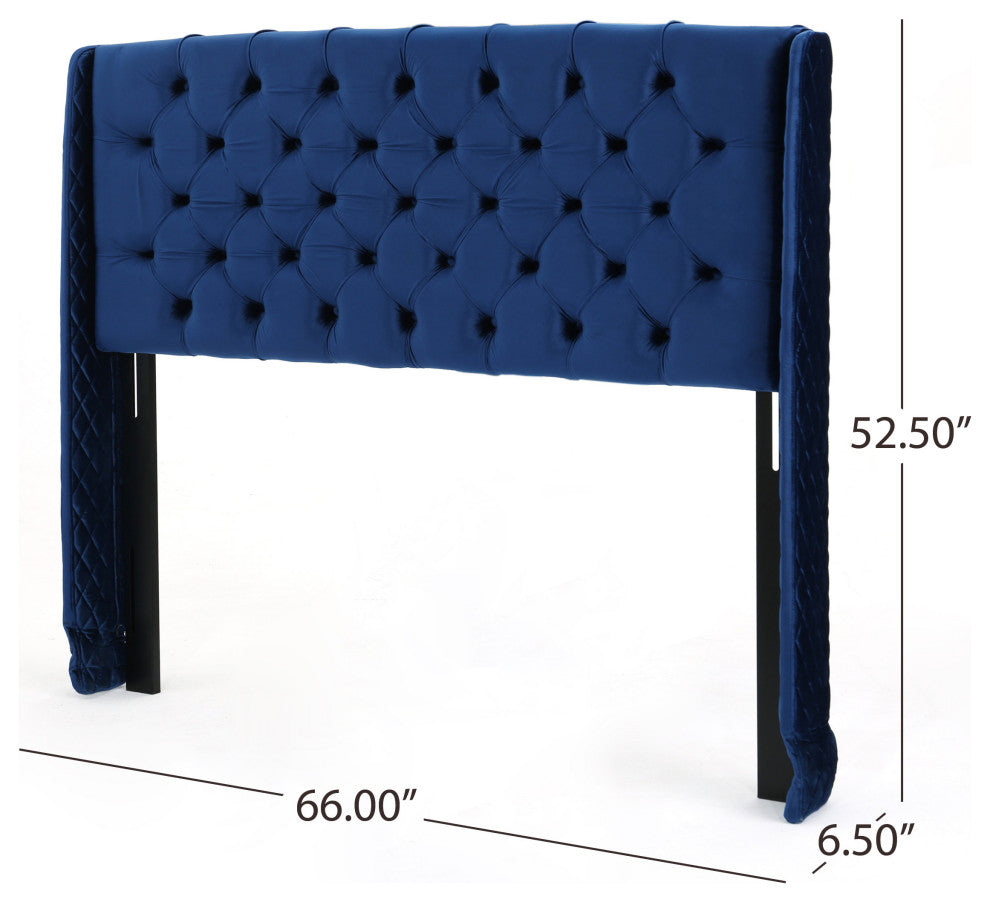 GDF Studio Lidia Wingback Queen/Full Tufted Fabric Headboard, Navy Blue