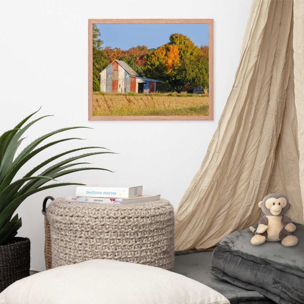 Patriotic Barn in Field Rural Landscape Framed Photo Paper Wall Art Prints, Red Oak, 16" X 20"