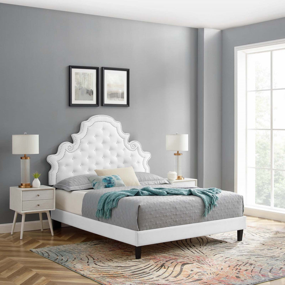 Tufted Platform Bed Frame, Twin Size, Velvet, White, Modern Contemporary