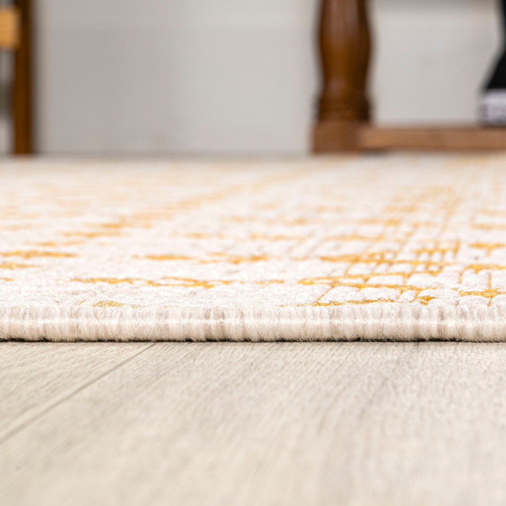 Ourika Moroccan Geometric Indoor/Outdoor Rug, Cream/Yellow, 5' Square