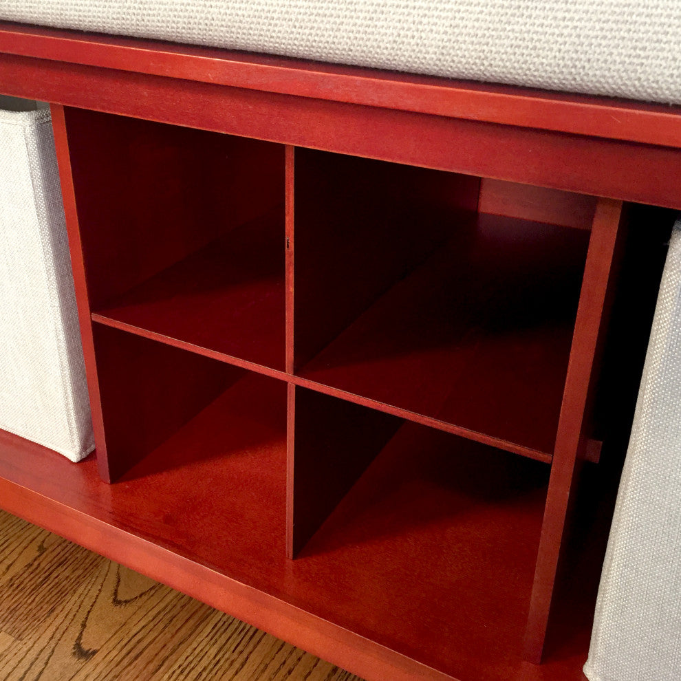 Solid Wood Entry Bench with 2 Bins and 1 Shoe Divider, Red Mahogany