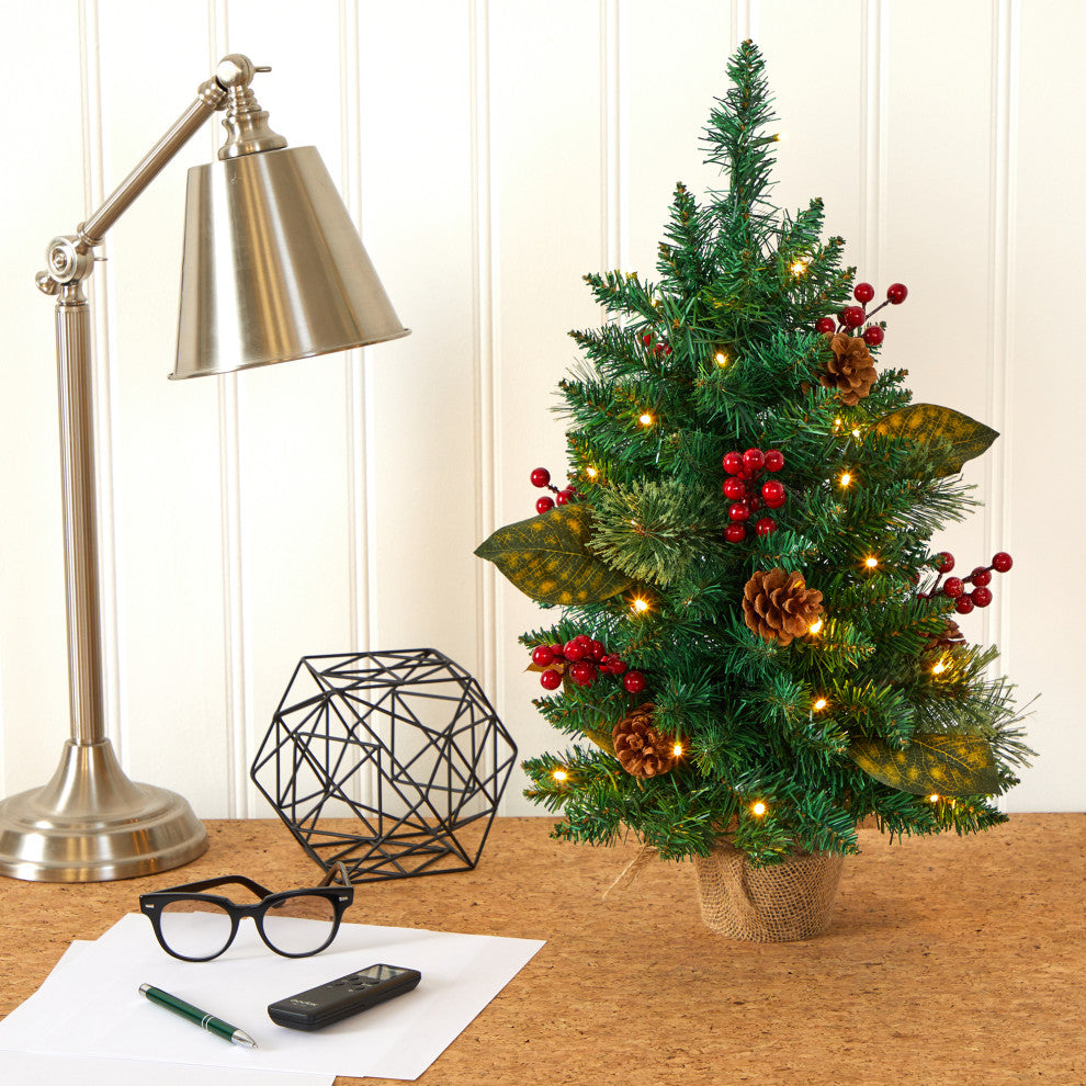 2' Pine, Pinecone & Berries Faux Xmas Tree With 35 Lights & 86 Bendable Branches