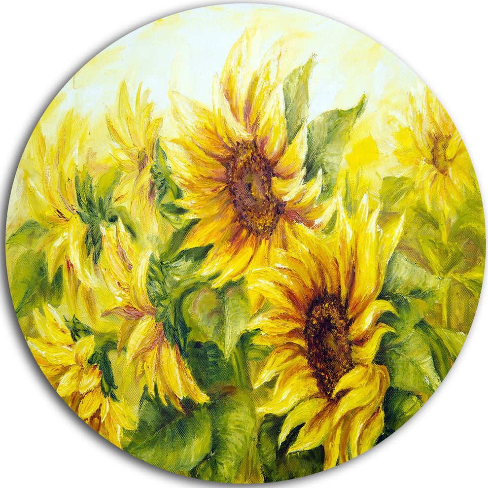 Bright Yellow Sunny Sunflowers, Floral Painting Disc Metal Artwork, 23"