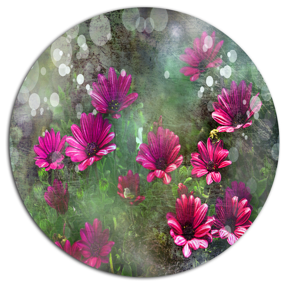 Red And Pink Flowers On Green, Floral Disc Metal Artwork, 23"