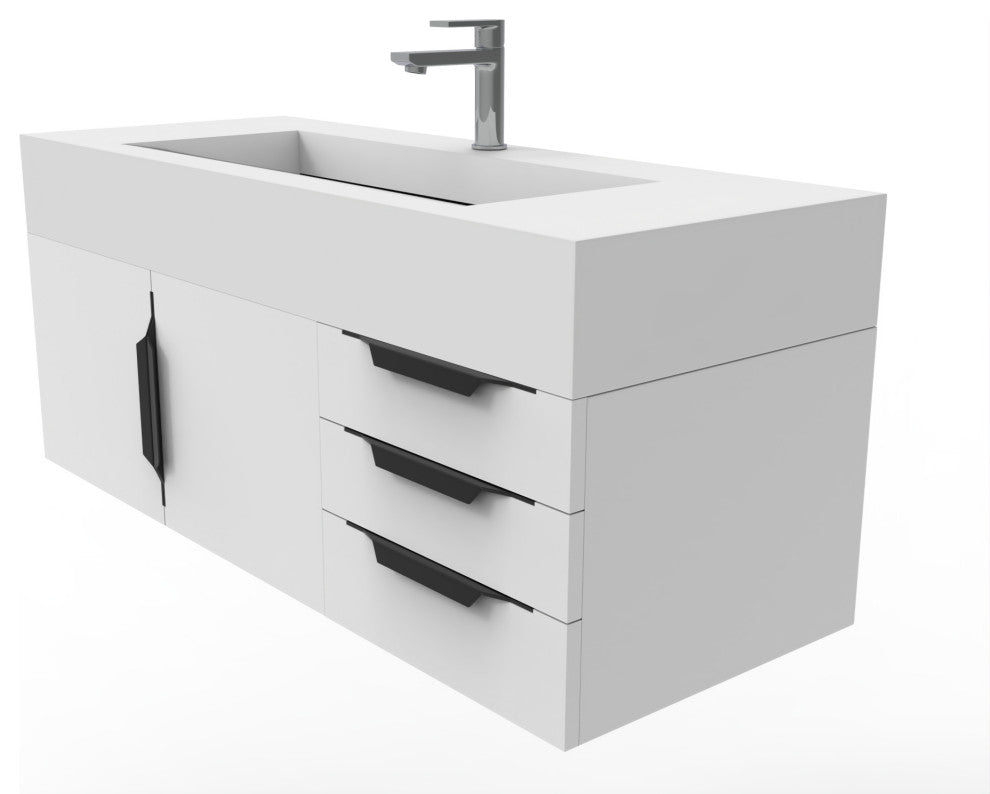 CastelloUSA Nile 48" Wall Mounted Vanity Set, White, White Top, Black Handles