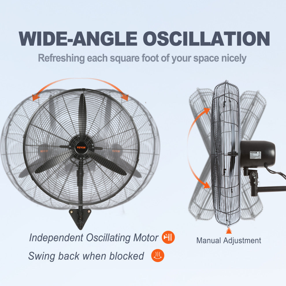 VEVOR Industrial Wall Mount Fan Oscillating Metal Fan 3 Speed, 30"œ Waterproof