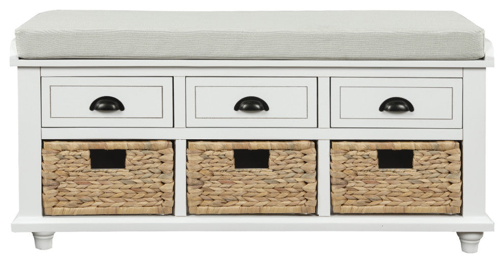 TATEUS 42" Rustic Storage Bench With 3 Drawers and 3 Rattan Baskets, White
