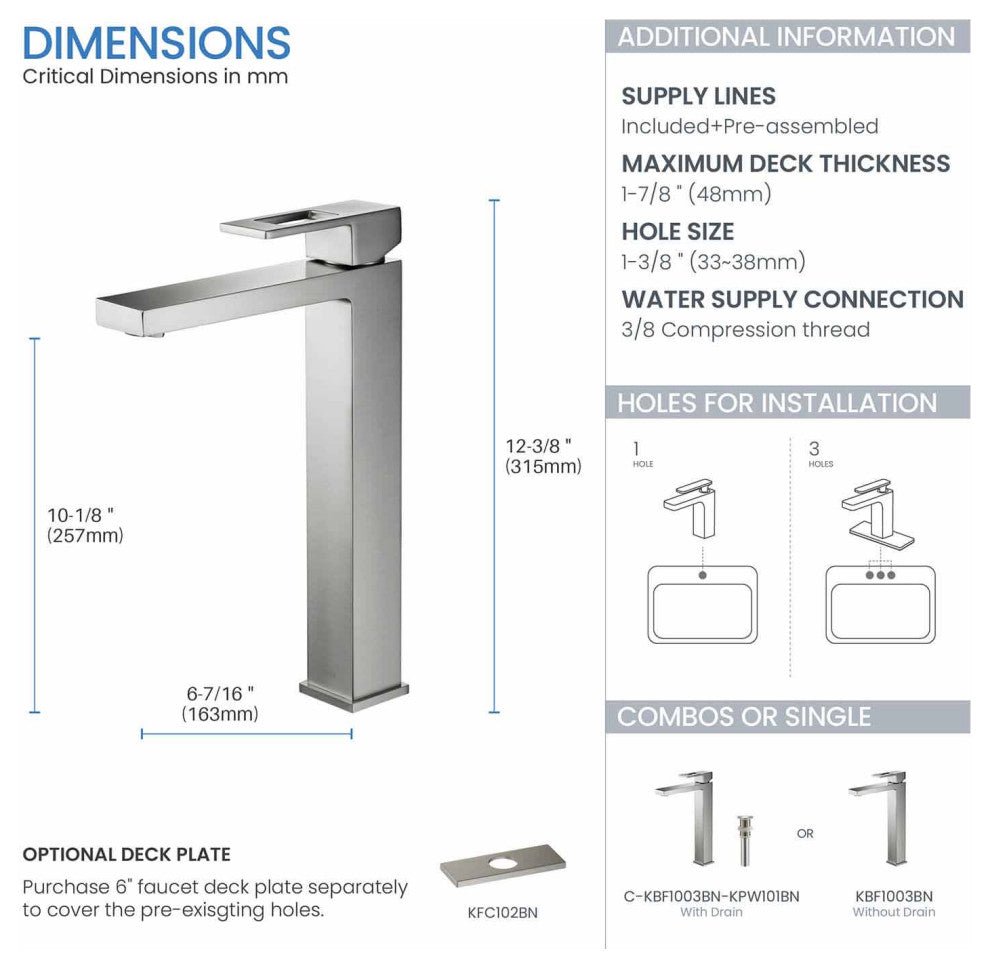 Cubic Single Handle Vessel Sink Faucet KBF1003, Brush Nickel, W/ Drain