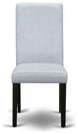 5Pc Small Round Table, Grayish Blue Fabric Parson Chairs, Black Chair Legs