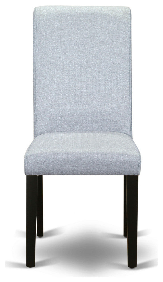 5Pc Small Round Table, Grayish Blue Fabric Parson Chairs, Black Chair Legs