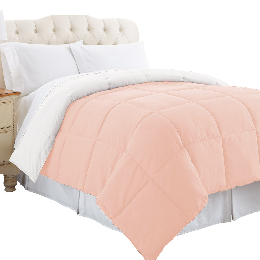 Benzara BM202054 King Size Box Quilted Reversible Comforter , White and Pink