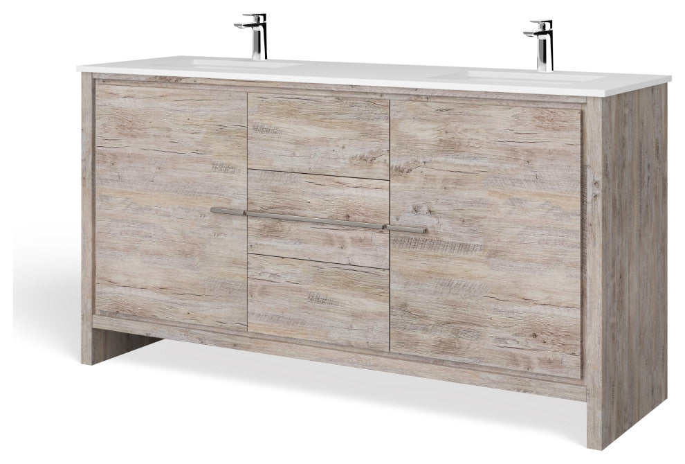 Esconde Bath Vanity, Natural Wood, 60", Double Sink, Freestanding