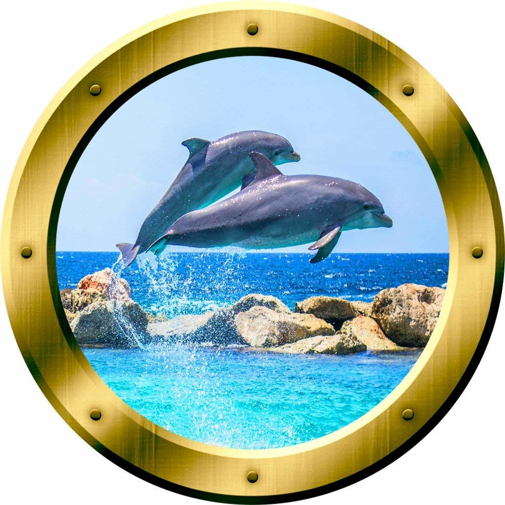 VWAQ 1 Dolphins Wall Sticker Porpoise Porthole 3D Wall Decal, 20" Diameter