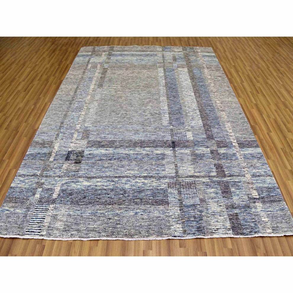 Beige Hand Knotted Geometric Opened Up Plaid Design 100% Wool Rug, 8'0"x10'2"