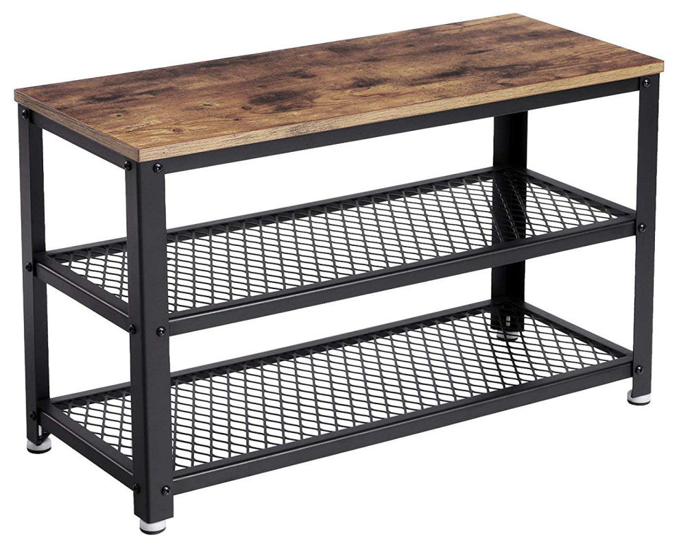 Benzara Vintage Wood and Metal Shoe Rack with 2 Mesh Shelves, Black and Brown